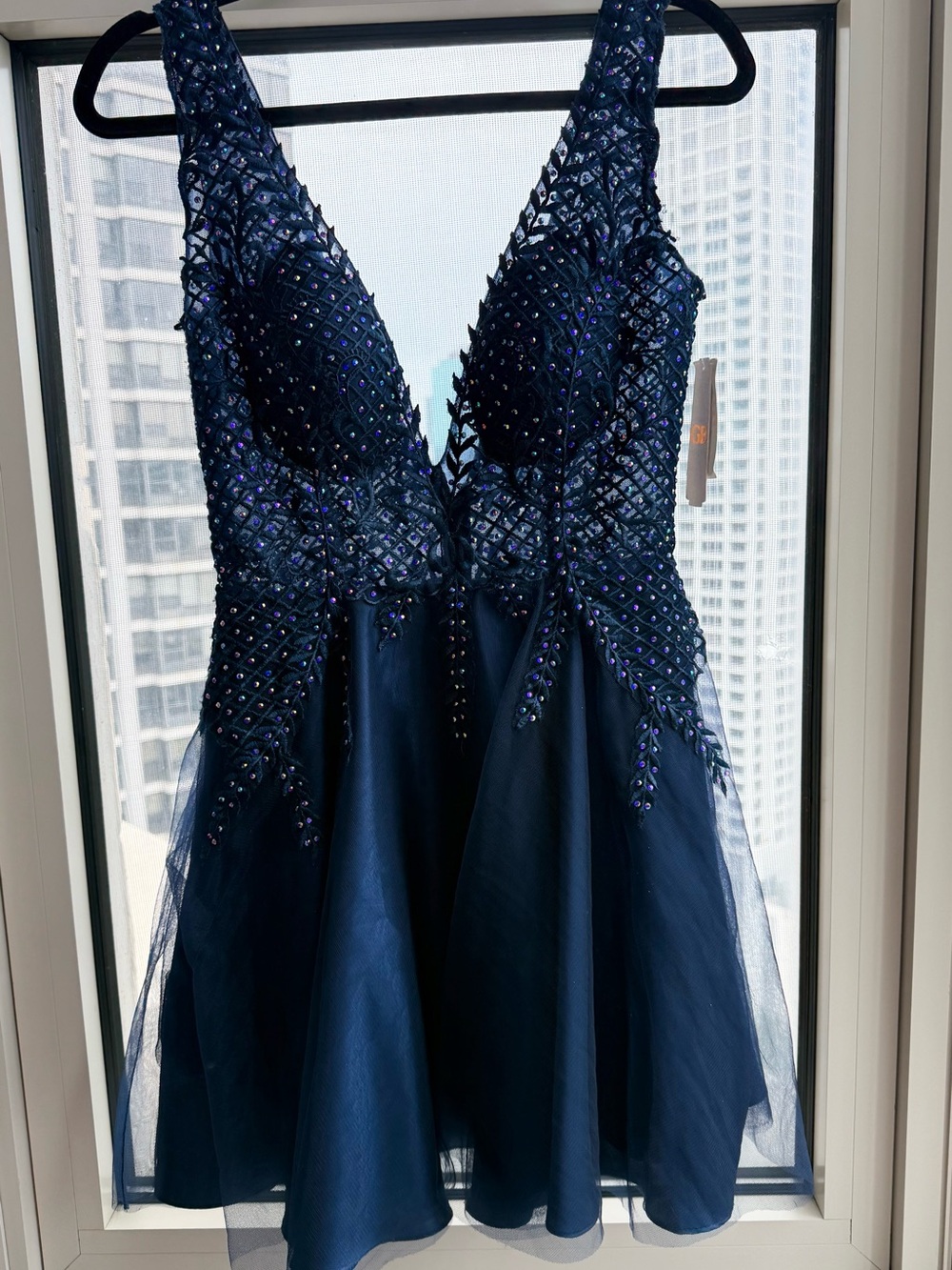 NWT Gianni Bini Navy Mini Dress ~ Deep V Neck Sequin Tulle Mesh ~ Homecoming ~ 9